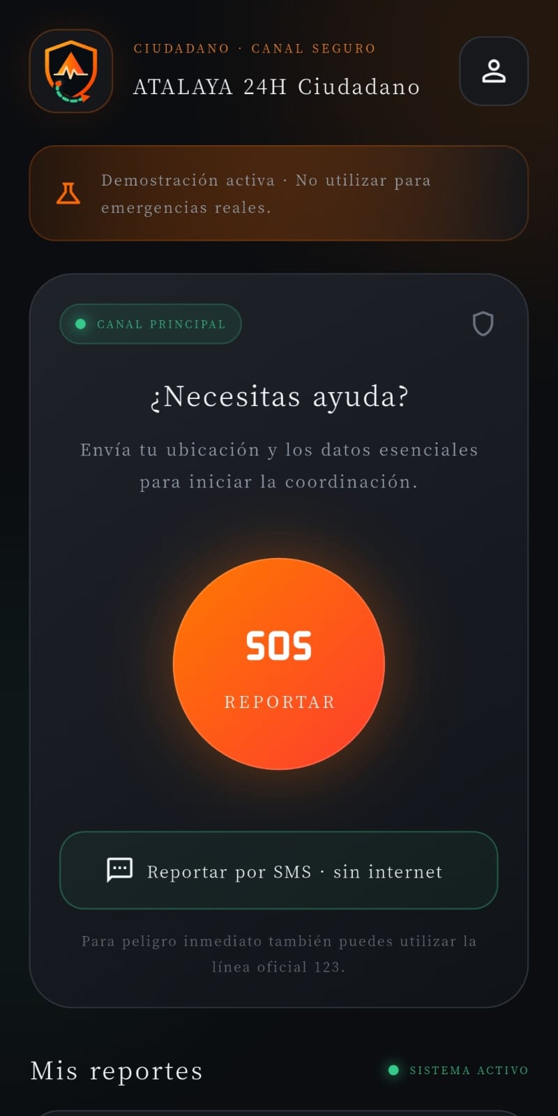 Pantalla de ATALAYA 24H: Reporta una situación
