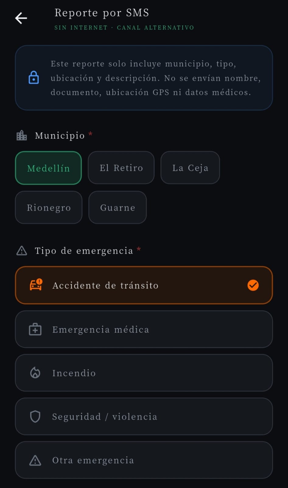 Pantalla de ATALAYA 24H: Reporta por SMS sin internet